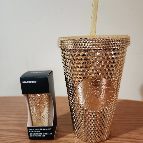Starbucks Grande Gold Studded Tumbler Cold Cup w/Matching Key Chain/Ornament NWT - Picture 2 of 2